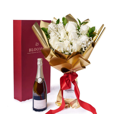 Valentine’s Day 12 Stem White Rose Bouquet With Box & Champagne, Valentine's Day gifts, Vancouver Same Day Flower Delivery, roses, champagne gifts. Vancouver Delivery