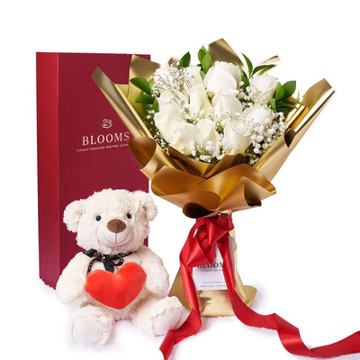 Valentine’s Day 12 Stem White Rose Bouquet With Box & Bear, Valentine's Day gifts, plush gifts, roses gifts, Vancouver Same Day Flower Delivery