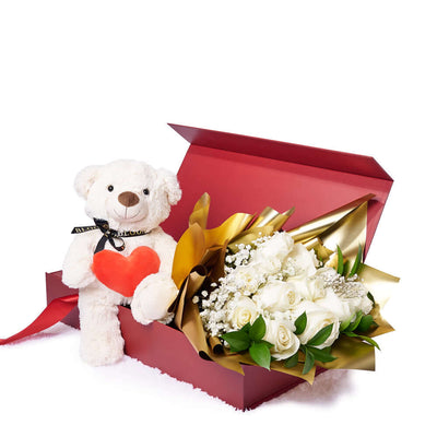 Valentine’s Day 12 Stem White Rose Bouquet With Box & Bear, Valentine's Day gifts, plush gifts, roses gifts, Vancouver Same Day Flower Delivery