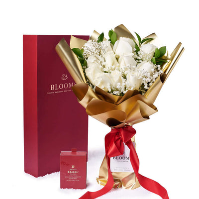 Valentine’s Day Dozen White Rose Bouquet With Box & Chocolate, Valentine's Day gifts, roses, chocolate gifts, Vancouver Same Day Flower Delivery