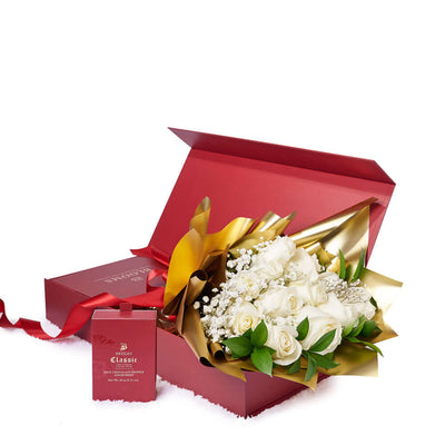 Valentine’s Day Dozen White Rose Bouquet With Box & Chocolate, Valentine's Day gifts, roses, chocolate gifts, Vancouver Same Day Flower Delivery