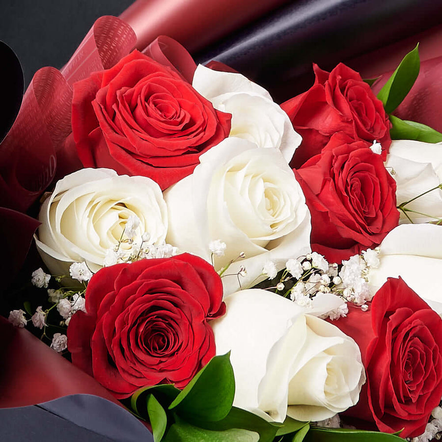 Valentine’s Day 12 Stem Red & White Rose Bouquet With Box & Wine, Valentine's Day gifts, roses, wine gifts, Vancouver Same Day Flower Delivery