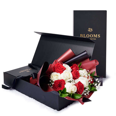 Valentine's Day 12 Stem Red & White Rose Bouquet With Box, Toronto Same Day Flower Delivery, Valentine's Day gifts, roses, Vancouver Delivery
