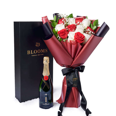 Valentine's Day 12 Stem Red & White Rose Bouquet With Box & Champagne, Valentine's Day gifts, roses, champagne gifts, Vancouver Delivery