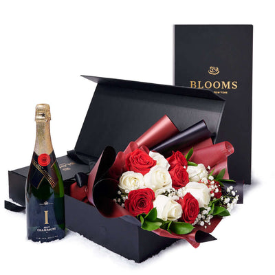 Valentine's Day 12 Stem Red & White Rose Bouquet With Box & Champagne, Valentine's Day gifts, roses, champagne gifts, Vancouver Delivery