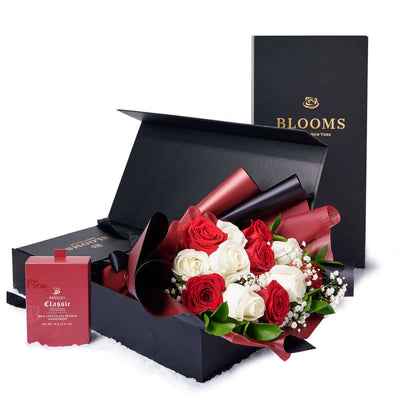 Valentine’s Day Dozen Red & White Rose Bouquet With Box & Chocolate, Valentine's Day gifts, Vancouver Same Day Flower Delivery, roses
