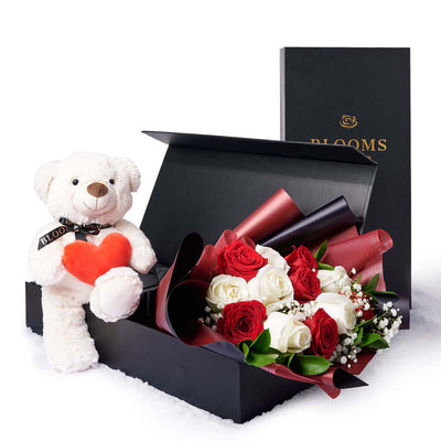 Valentine's Day 12 Stem Red & White Bouquet With Box & Bear, Vancouver Same Day Flower Delivery, Valentine's Day gifts, roses, plush gifts. Vancouver Delivery