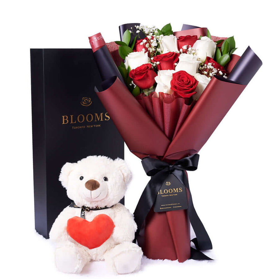 Valentine's Day 12 Stem Red & White Bouquet With Box & Bear, Vancouver Same Day Flower Delivery, Valentine's Day gifts, roses, plush gifts. Vancouver Delivery