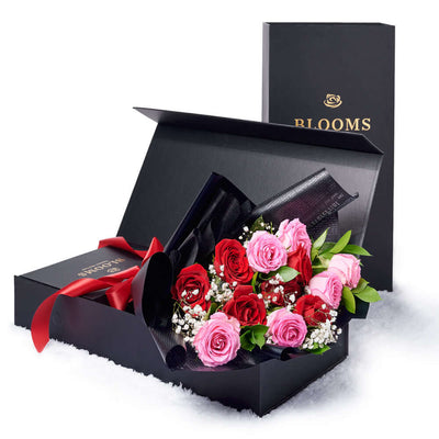 Valentine's Day 12 Stem Pink & Red Rose Bouquet With Designer Box, Vancouver Same Day Flower Delivery, Valentine's Day gifts, roses