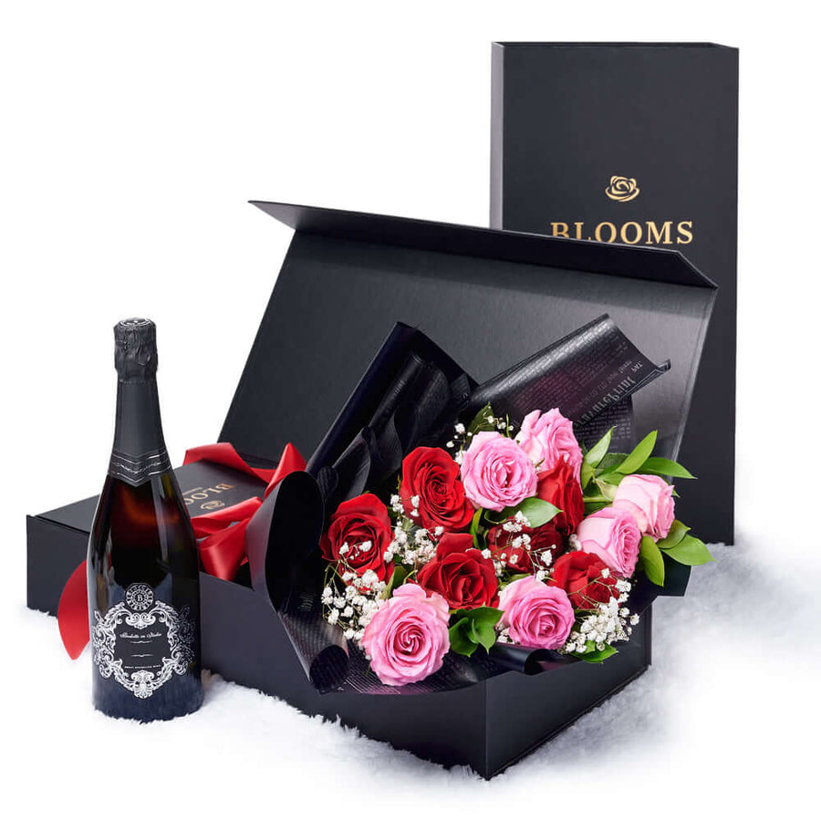 Valentine’s Day 12 Stem Red & Pink Rose Bouquet With Box & Champagne, Vancouver Same Day Flower Delivery, Valentine's Day gifts, roses