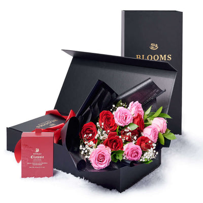 Valentine’s Day Dozen Red & Pink Rose Bouquet With Box & Chocolate, Toronto Same Day Flower Delivery, Valentine's Day gifts. Vancouver Delivery