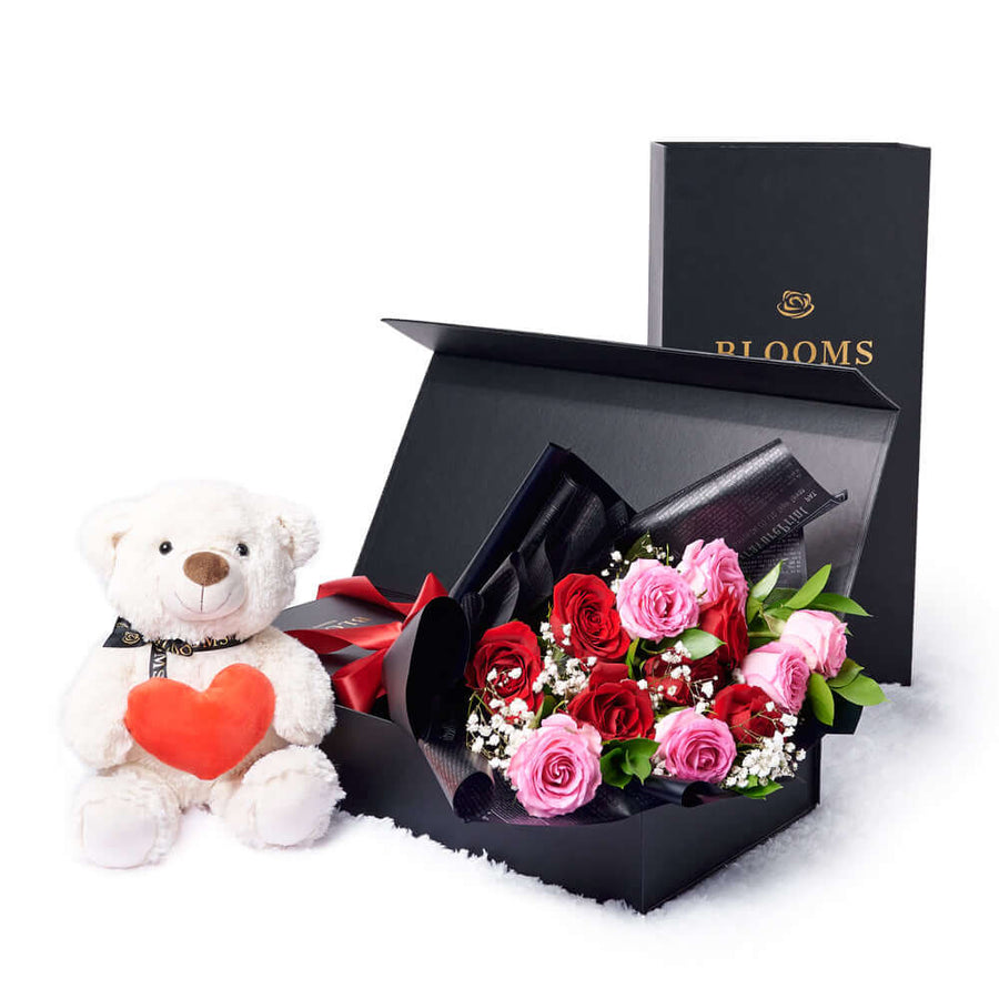Valentine's Day 12 Stem Red & Pink Rose Bouquet With Box & Bear, Vancouver Same Day Flower Delivery, Valentine's Day gifts, roses, plush gifts. Vancouver Delivery