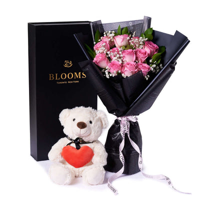 Valentine's Day 12 Stem Pink Rose Bouquet With Box & Bear, Valentine's Day gifts, Vancouver Same Day Flower Delivery, plush gifts