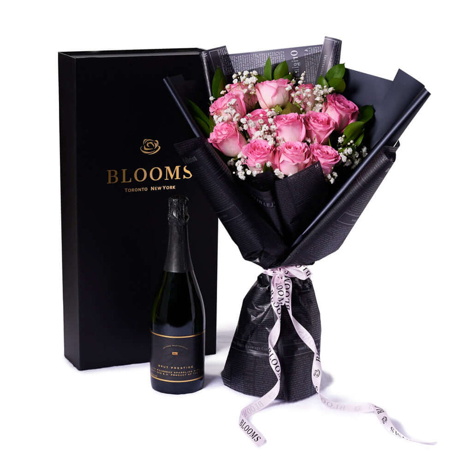 Valentine's Day 12 Stem Pink Rose Bouquet With Box & Champagne, Valentine's Day gifts, Vancouver Same Day Flower Delivery