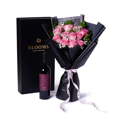 Valentine's Day 12 Stem Pink Rose Bouquet With Box & Wine, Vancouver Same Day Flower Delivery, Valentine's Day gifts, rose gifts, pink roses, wine gifts