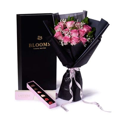 Valentine’s Day Dozen Pink Rose Bouquet With Box & Chocolate, Vancouver Same Day Flower Delivery, Valentine's Day gifts, bouquets, pink roses. Vancouver Delivery