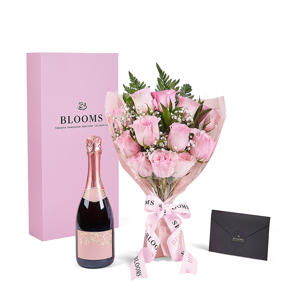 Mother’s Day 12 Stem Pink Rose Bouquet with Box & Champagne, champagne gift, champagne, sparkling wine gift, sparkling wine, mothers day gift, mothers day, Vancouver delivery