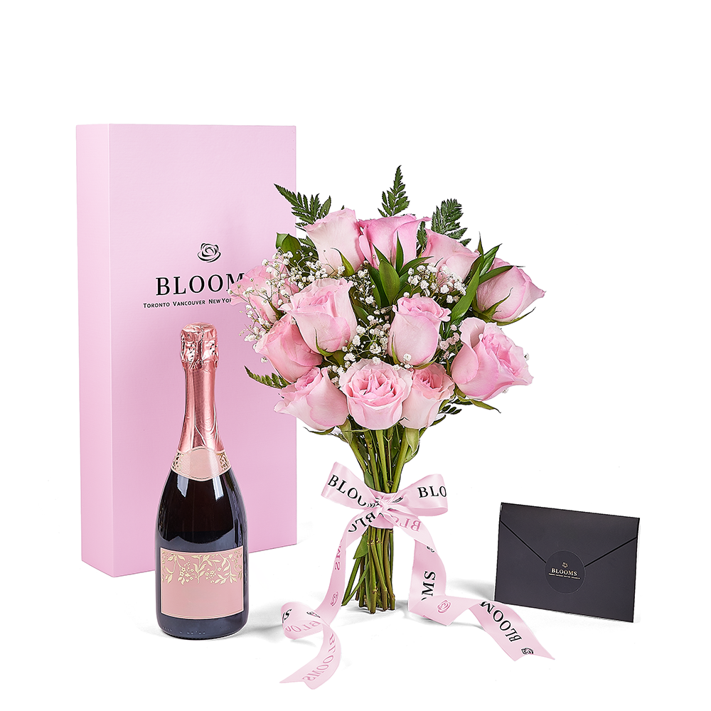 Mother’s Day 12 Stem Pink Rose Bouquet with Box & Champagne, champagne gift, champagne, sparkling wine gift, sparkling wine, mothers day gift, mothers day, Vancouver delivery