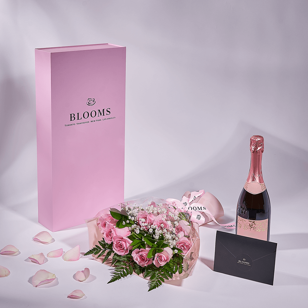 Mother’s Day 12 Stem Pink Rose Bouquet with Box & Champagne, champagne gift, champagne, sparkling wine gift, sparkling wine, mothers day gift, mothers day, Vancouver delivery