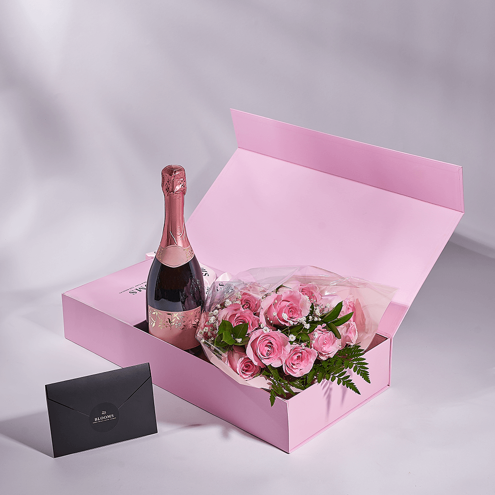 Mother’s Day 12 Stem Pink Rose Bouquet with Box & Champagne, champagne gift, champagne, sparkling wine gift, sparkling wine, mothers day gift, mothers day, Vancouver delivery