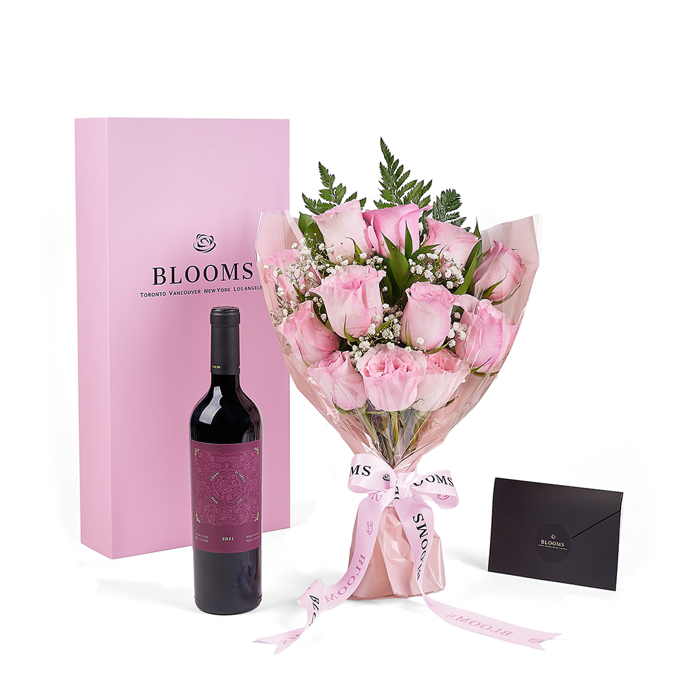 Mother’s Day 12 Stem Pink Rose Bouquet with Box &amp; Wine, rose gift, rose, mothers day gift, mothers day, wine gift, wine, Vancouver delivery