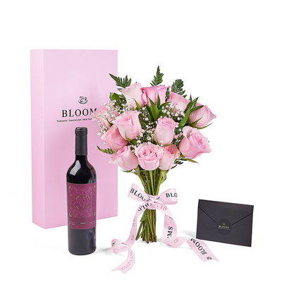 Mother’s Day 12 Stem Pink Rose Bouquet with Box & Wine, rose gift, rose, mothers day gift, mothers day, wine gift, wine, Vancouver delivery