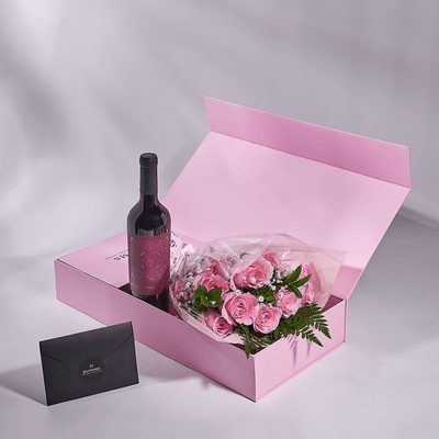 Mother’s Day 12 Stem Pink Rose Bouquet with Box & Wine, rose gift, rose, mothers day gift, mothers day, wine gift, wine, Vancouver delivery