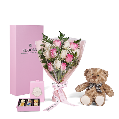 Mother’s Day 12 Stem Pink & White Rose Bouquet with Box, Bear, & Chocolate, mothers day gift, mothers day, plush gift, plush, rose gift, rose, Vancouver delivery