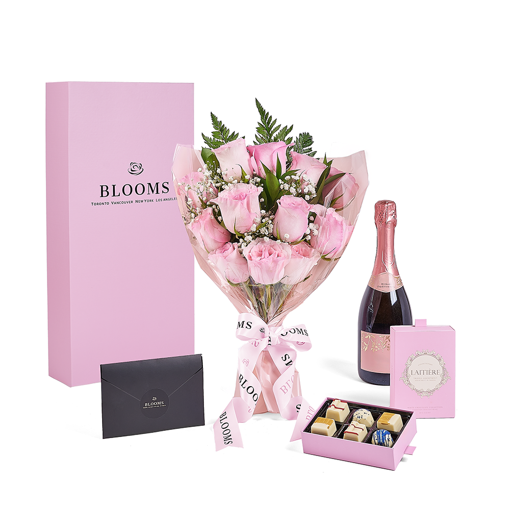 Mother’s Day Dozen Pink Rose Bouquet with Box, Champagne, &amp; Chocolate, champagne gift, champagne, sparkling wine gift, sparkling wine, mothers day gift, mothers day, Vancouver delivery