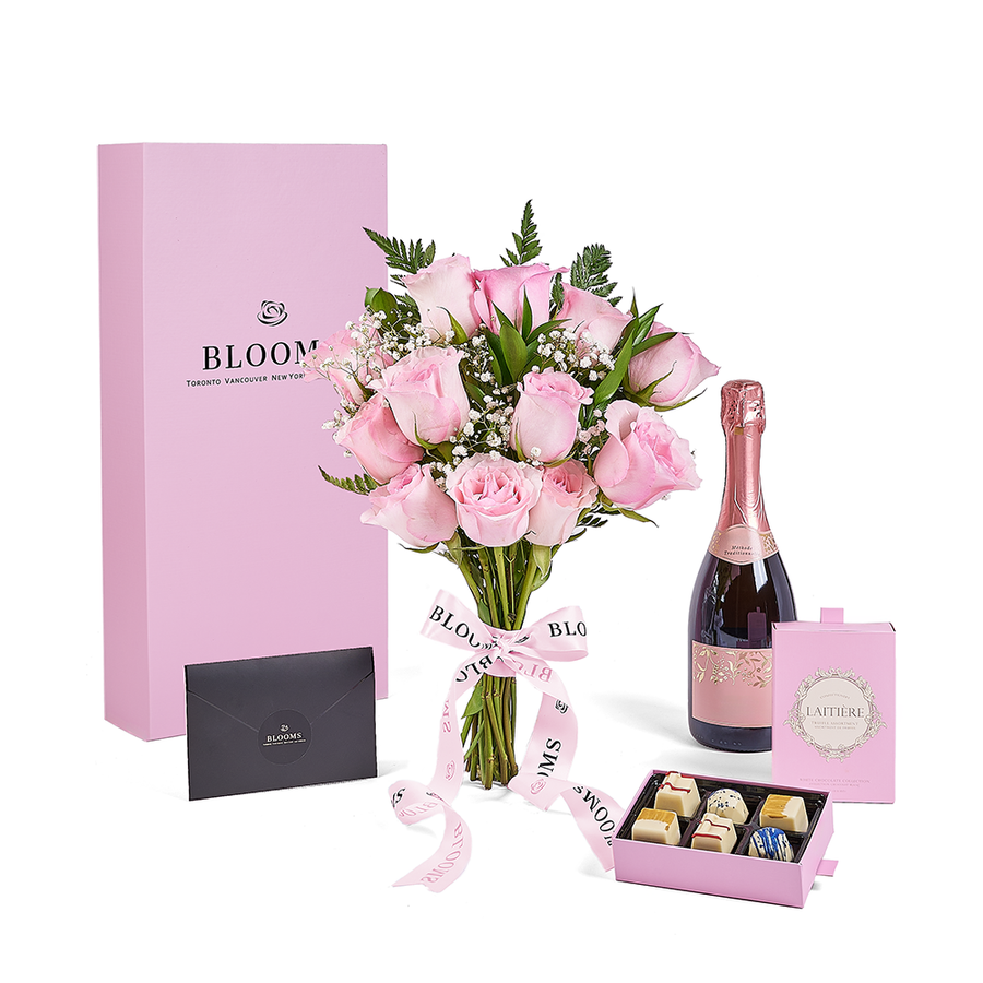 Mother’s Day Dozen Pink Rose Bouquet with Box, Champagne, & Chocolate, champagne gift, champagne, sparkling wine gift, sparkling wine, mothers day gift, mothers day, Vancouver delivery