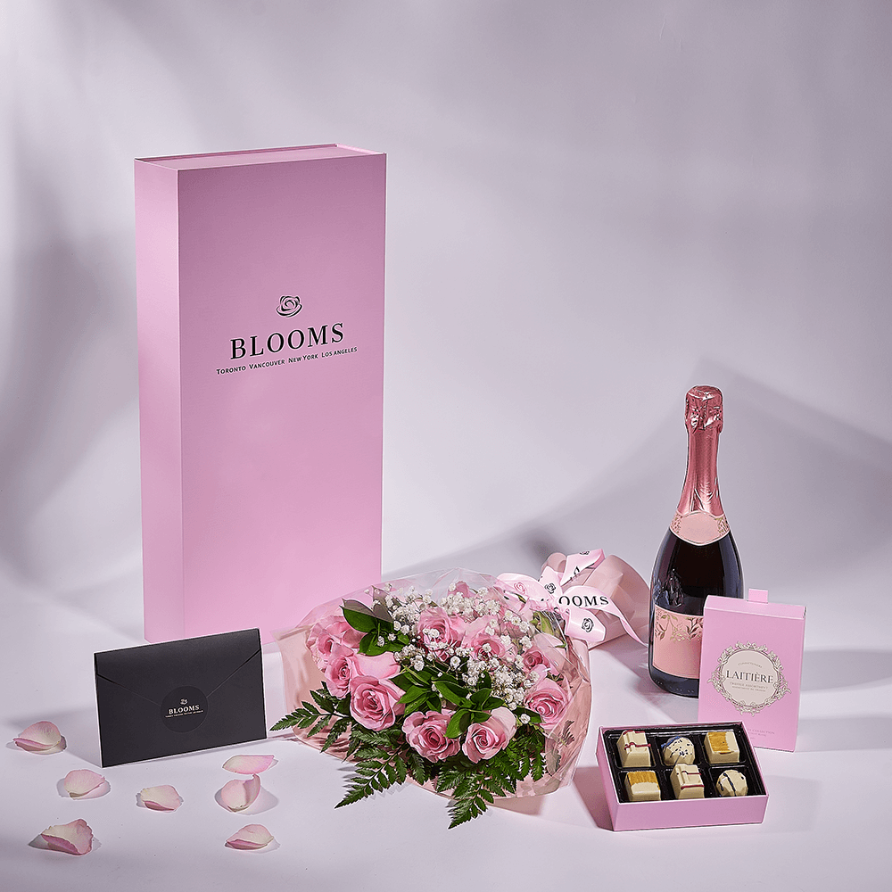 Mother’s Day Dozen Pink Rose Bouquet with Box, Champagne, & Chocolate, champagne gift, champagne, sparkling wine gift, sparkling wine, mothers day gift, mothers day, Vancouver delivery