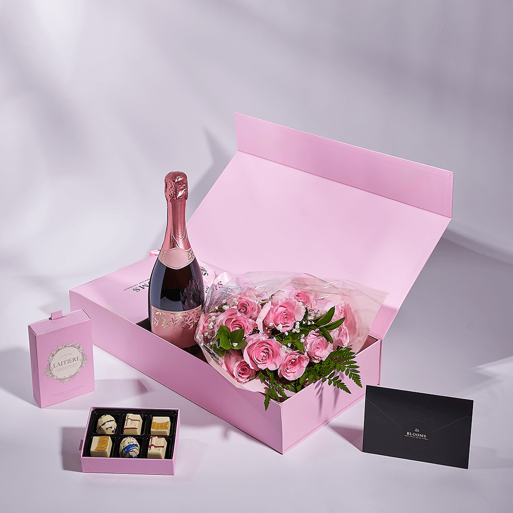 Mother’s Day Dozen Pink Rose Bouquet with Box, Champagne, & Chocolate, champagne gift, champagne, sparkling wine gift, sparkling wine, mothers day gift, mothers day, Vancouver delivery