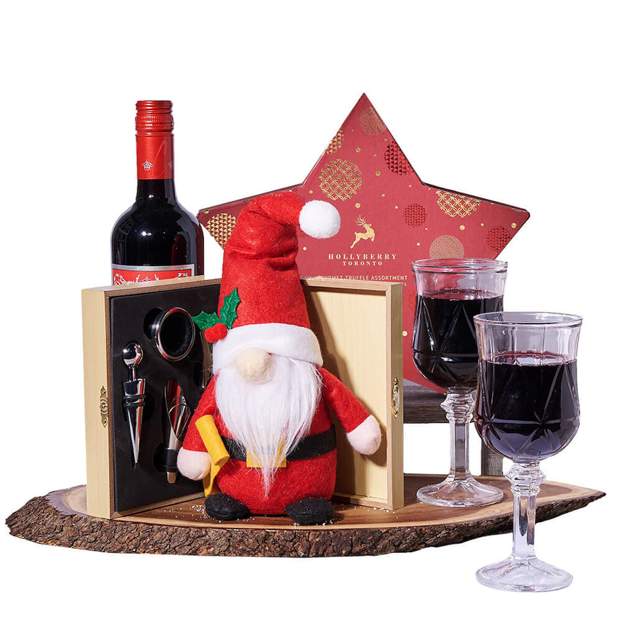 Mr. Claus Holiday Wine Gift, wine gift, wine, christmas, gift, christmas, holiday gift, holiday, gourmet gift, gourmet, chocolate gift, chocolate. Blooms Vancouver- Blooms Vancouver Delivery