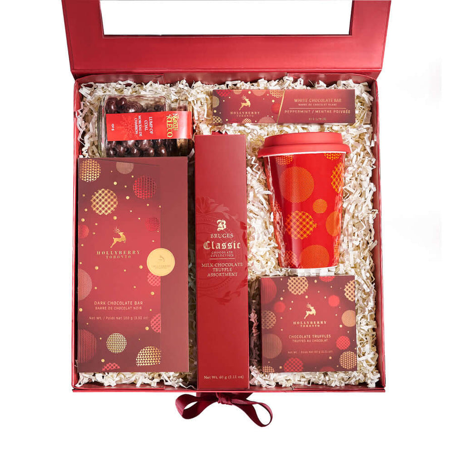 Travel Cup & Holiday Chocolate Box, white chocolate peppermint bar, milk chocolate truffles, assorted chocolate truffles, a bar of dark chocolate, lumps of coal candies, and a red travel cup for enjoying drinks on the go, Holiday Gifts from Vancouver Blooms - Same Day Vancouver Delivery.