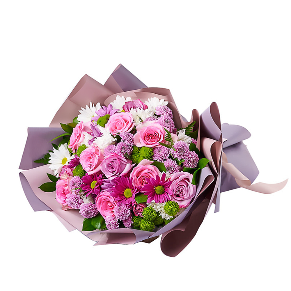 Pink &amp; Purple Mixed Daisy Bouquet, a selection of pink and purple roses, daisies, and greens gathered into a floral wrap and tied with ribbon, Floral Gifts from Vancouver Blooms - Same Day Vancouver Delivery.