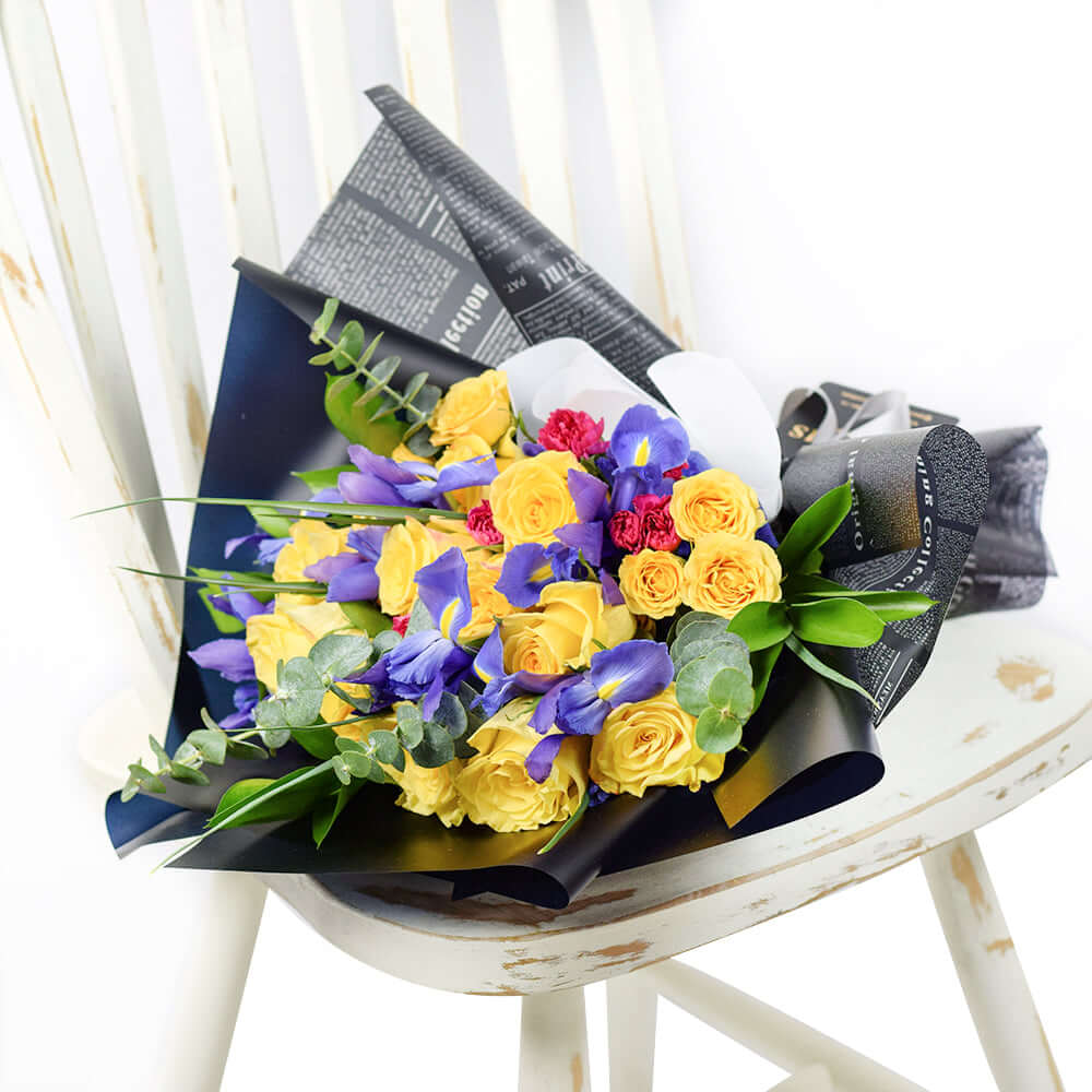 Summer Meadow Mixed Floral Bouquet, Yellow Rose and Iris Mixed Bouquet from Vancouver Blooms - Same Day Vancouver Delivery.