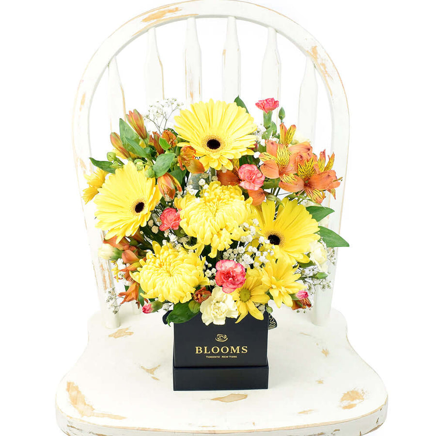 Sunrise mixed floral hat box arrangement. Same Day Vancouver Delivery