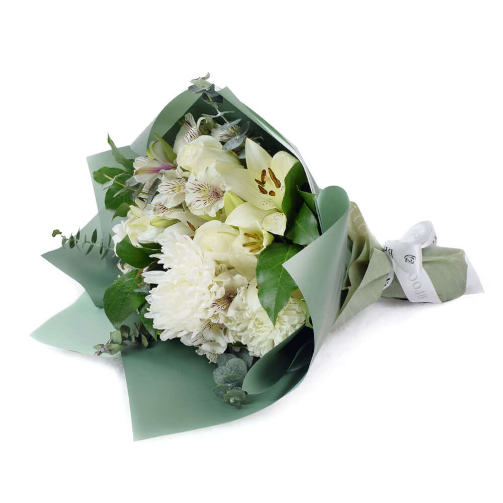 White rose, lily, and alstroemeria mixed bouquet. Same Day Vancouver Delivery.
