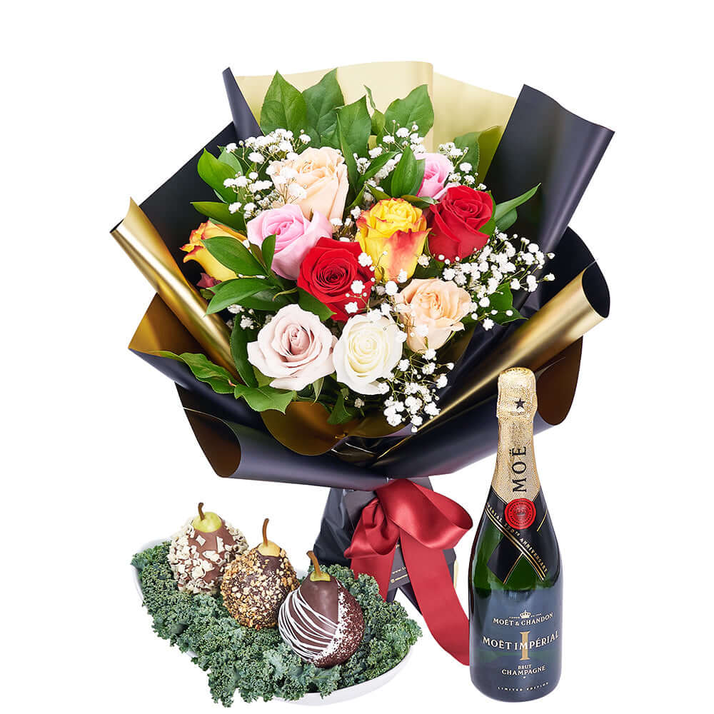 Sweet Surprises Forever Flowers &amp; Champagne Gift, Wine and Bouquet with Chocolate Dipped Pears Gift, from Vancouver Blooms - Same Day Vancouver Delivery.