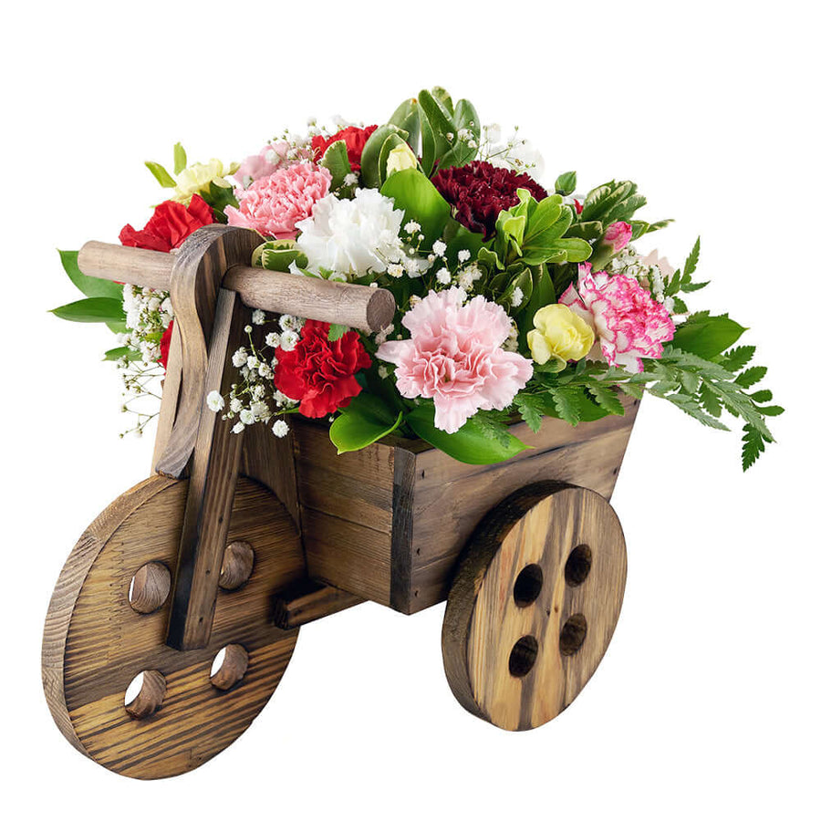 Carnation floral arrangement in a wooden cart planter. Same Day Vancouver Delivery.