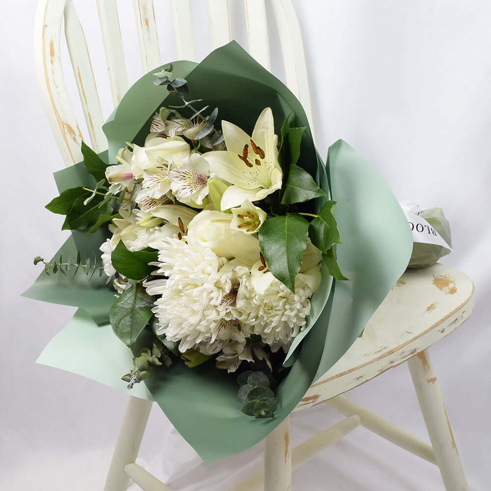White rose, lily, and alstroemeria mixed bouquet. Same Day Vancouver Delivery. 