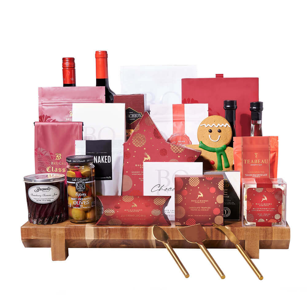The Decadent Christmas Gift Set, two bottles of wine, extra virgin olive oil, balsamic vinegar, creamy brie cheese, crackers, tipsy fiery olives, peanuts, cinnamon tea, coffee, hot cocoa mix, a gingerbread cookie, a star-shaped box of holiday chocolates, peppermint bark, malt balls, chocolate truffles, white chocolate, milk chocolate peanut bark, white chocolate caramel pretzel popcorn with pecans, and strawberry serrano jam, Holiday Gifts from Vancouver Blooms - Same Day Vancouver Delivery.