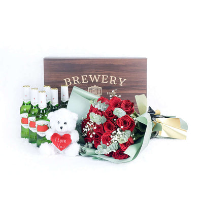 Time To Celebrate Flowers & Beer Gift, Mixed Rose Bouquet with Plush Bear and a Bottle of Beers, from Vancouver Blooms - Same Day Vancouver Delivery.