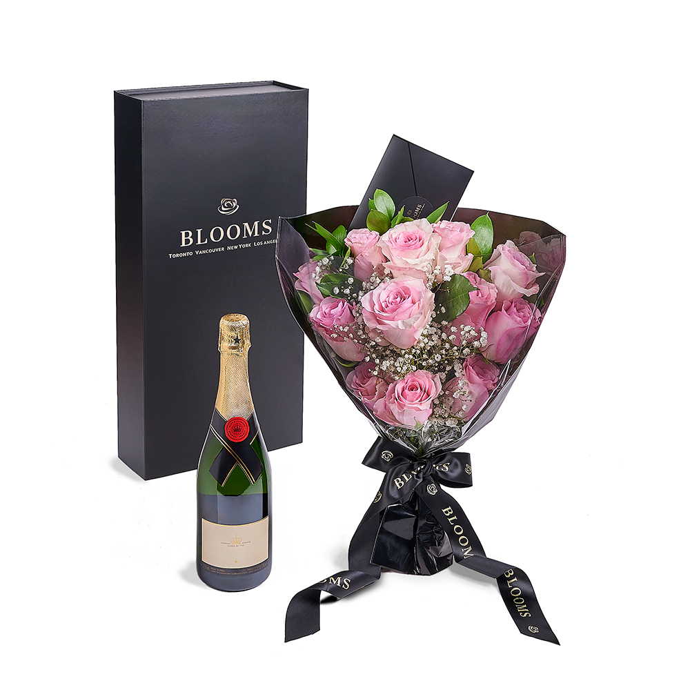 Valentine's Day 12 Stem Pink Rose Bouquet With Box &amp; Champagne, Valentine's Day gifts, Vancouver Same Day Flower Delivery