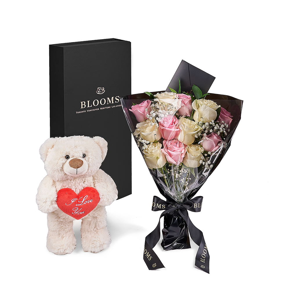 Valentine's Day 12 Stem Pink &amp; White Rose Bouquet With Box &amp; Bear, rose gift, rose, valentines day gift, valentines day, plush gift, plush, bear gift, bear, Vancouver delivery