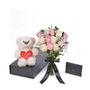 Valentine's Day 12 Stem Pink & White Rose Bouquet With Box & Bear, rose gift, rose, valentines day gift, valentines day, plush gift, plush, bear gift, bear, Vancouver delivery