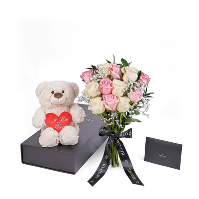 Valentine's Day 12 Stem Pink & White Rose Bouquet With Box & Bear, rose gift, rose, valentines day gift, valentines day, plush gift, plush, bear gift, bear, Vancouver delivery