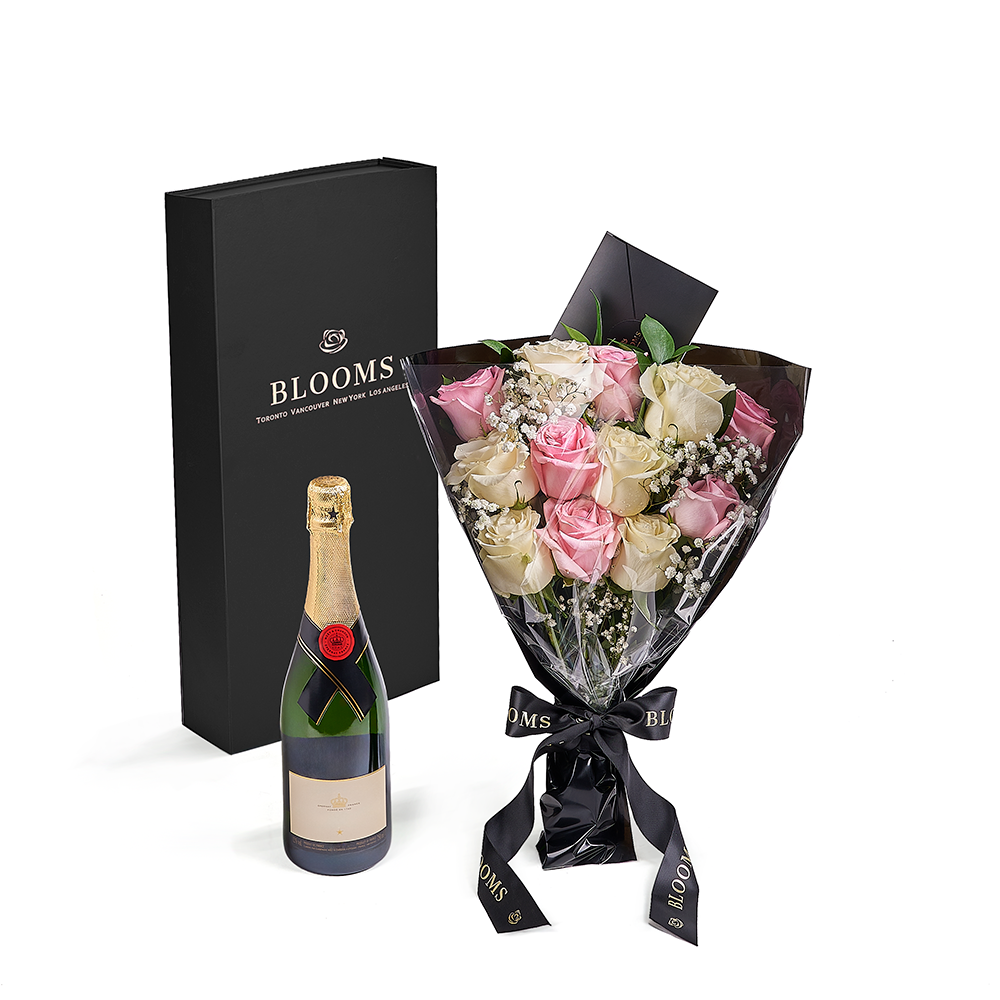 Valentine's Day 12 Stem Pink &amp; White Rose Bouquet with Box &amp; Champagne, valentines day gift, valentines day, rose gift, rose, champagne gift, champagne, Vancouver delivery