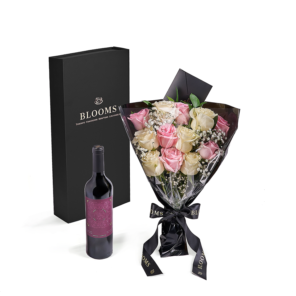 Valentine's Day 12 Stem Pink &amp; White Rose Bouquet with Box &amp; Wine, valentines day gift, valentines day, rose gift, rose, wine gift, wine, Vancouver delivery
