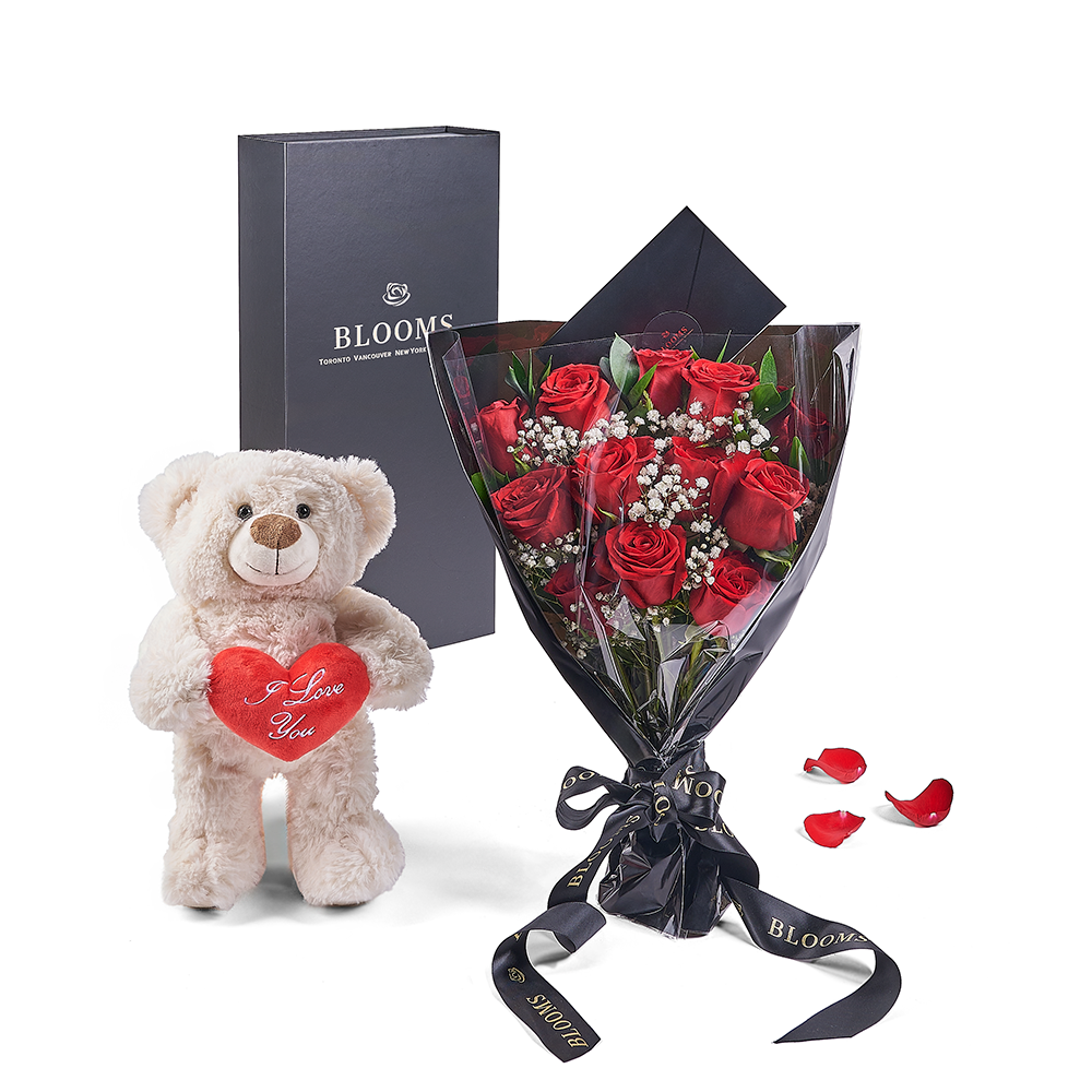 Valentine's Day 12 Stem Red Rose Bouquet With Box &amp; Bear, plush, roses, Valentine's day gifts, Vancouver Same Day Flower Delivery